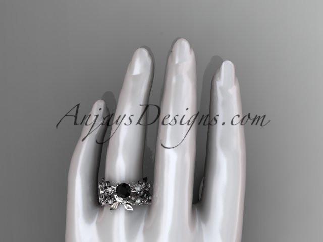 platinum diamond leaf and vine wedding ring, engagement set with Black Diamond center stone ADLR59S - AnjaysDesigns