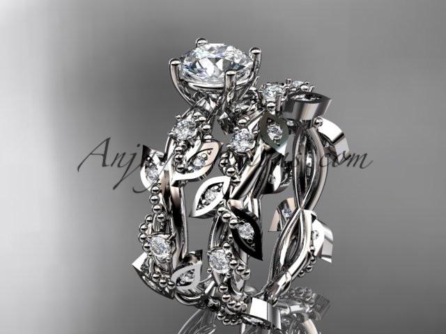 Platinum diamond leaf and vine wedding ring, engagement set ADLR59S - AnjaysDesigns