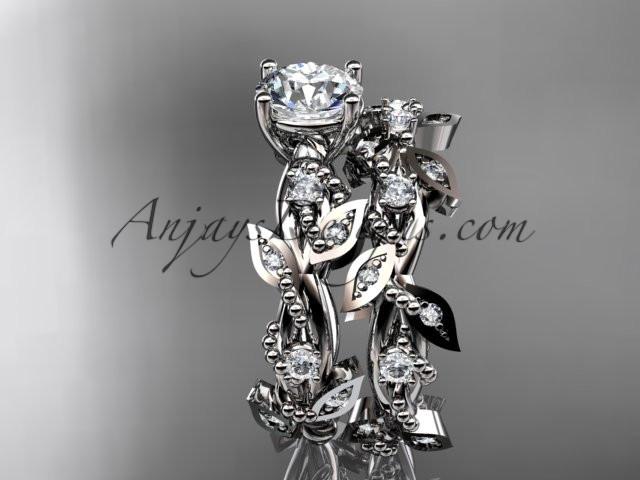 14k white gold diamond leaf and vine wedding ring, engagement set with "Forever One" Moissanite center stone ADLR59S - AnjaysDesigns