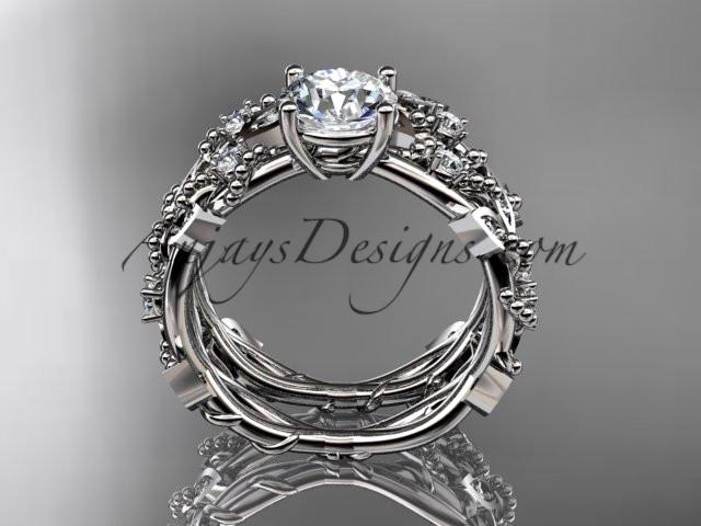 14k white gold diamond leaf and vine wedding ring, engagement set with "Forever One" Moissanite center stone ADLR59S - AnjaysDesigns