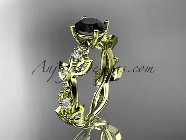 14kt yellow gold diamond leaf and vine wedding ring, engagement ring with Black Diamond center stone ADLR59 - AnjaysDesigns