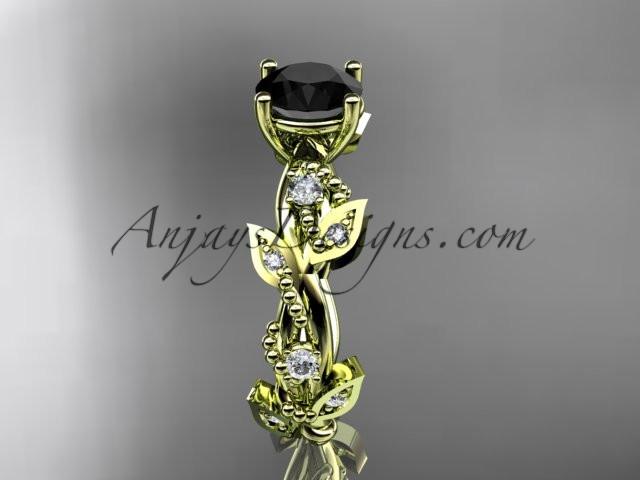 14kt yellow gold diamond leaf and vine wedding ring, engagement ring with Black Diamond center stone ADLR59 - AnjaysDesigns