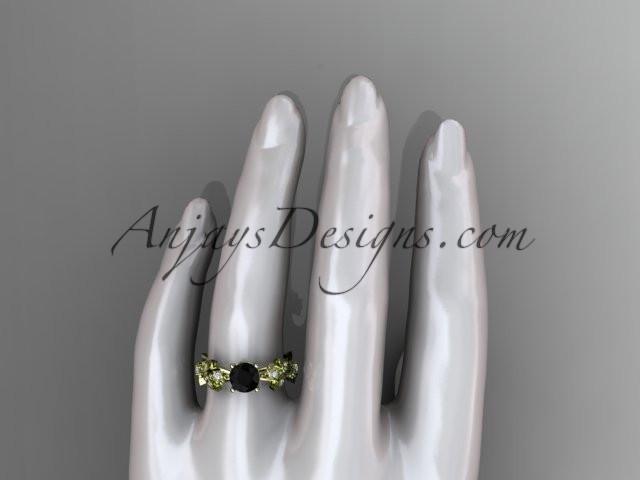 14kt yellow gold diamond leaf and vine wedding ring, engagement ring with Black Diamond center stone ADLR59 - AnjaysDesigns