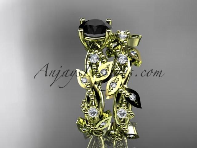 14k yellow gold diamond leaf and vine wedding ring, engagement set with Black Diamond center stone ADLR59S - AnjaysDesigns