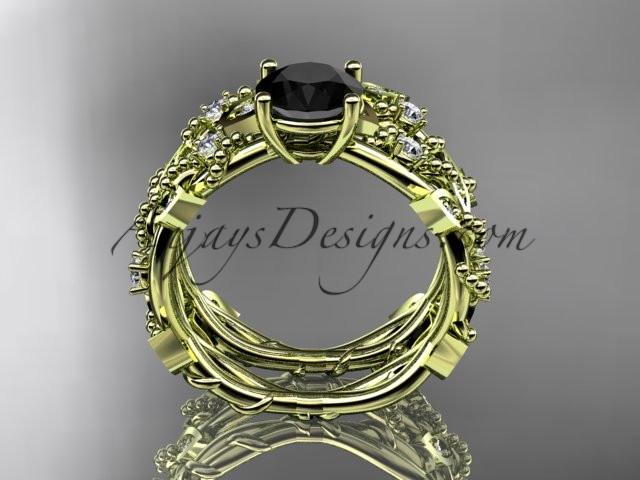 14k yellow gold diamond leaf and vine wedding ring, engagement set with Black Diamond center stone ADLR59S - AnjaysDesigns