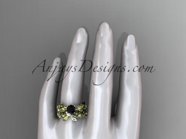 14k yellow gold diamond leaf and vine wedding ring, engagement set with Black Diamond center stone ADLR59S - AnjaysDesigns