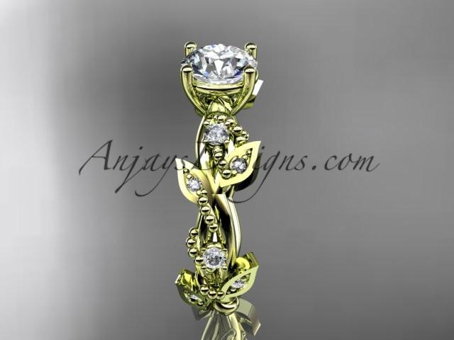 14kt yellow gold diamond leaf and vine wedding ring, engagement ring with "Forever One" Moissanite center stone ADLR59 - AnjaysDesigns