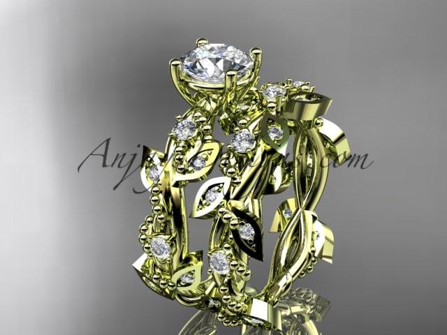14k yellow gold diamond leaf and vine wedding ring, engagement set with "Forever One" Moissanite center stone ADLR59S - AnjaysDesigns