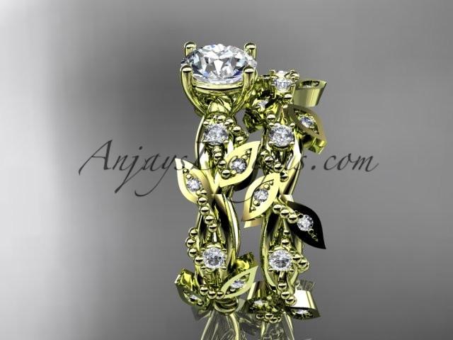 14k yellow gold diamond leaf and vine wedding ring, engagement set with "Forever One" Moissanite center stone ADLR59S - AnjaysDesigns