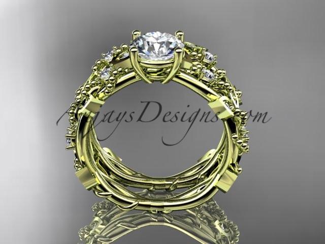 14k yellow gold diamond leaf and vine wedding ring, engagement set with "Forever One" Moissanite center stone ADLR59S - AnjaysDesigns