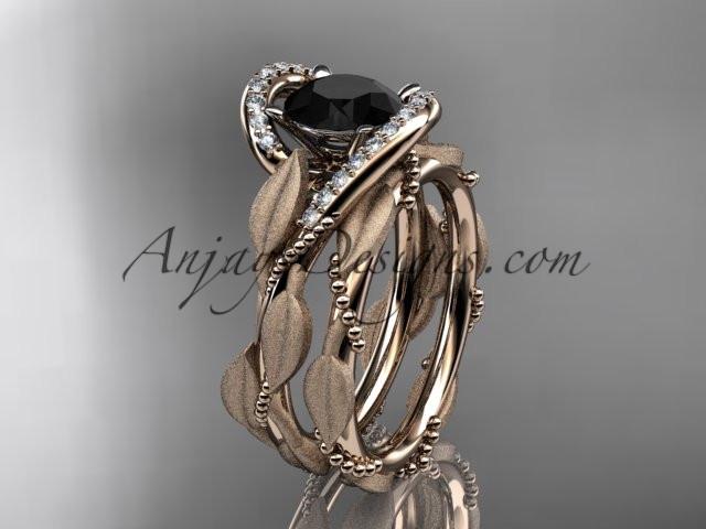 14kt rose gold diamond leaf and vine wedding ring, engagement set with a Black Diamond center stone ADLR64S - AnjaysDesigns