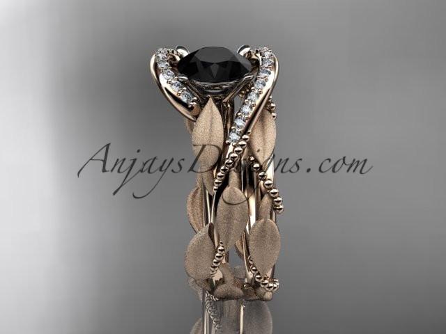 14kt rose gold diamond leaf and vine wedding ring, engagement set with a Black Diamond center stone ADLR64S - AnjaysDesigns