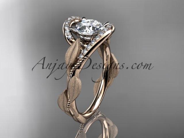 14kt rose gold diamond leaf and vine wedding ring, engagement ring with "Forever One" Moissanite center stone ADLR64 - AnjaysDesigns