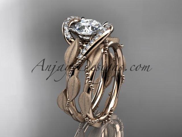 14kt rose gold diamond leaf and vine wedding ring, engagement set with a "Forever One" Moissanite center stone ADLR64S - AnjaysDesigns