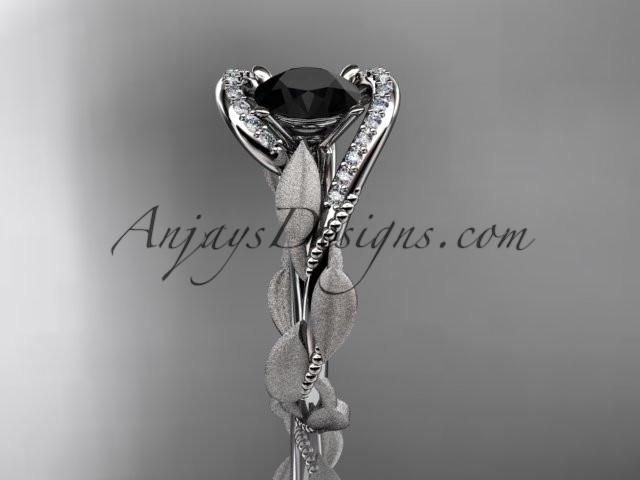 platinum diamond leaf and vine wedding ring, engagement ring with Black Diamond center stone ADLR64 - AnjaysDesigns
