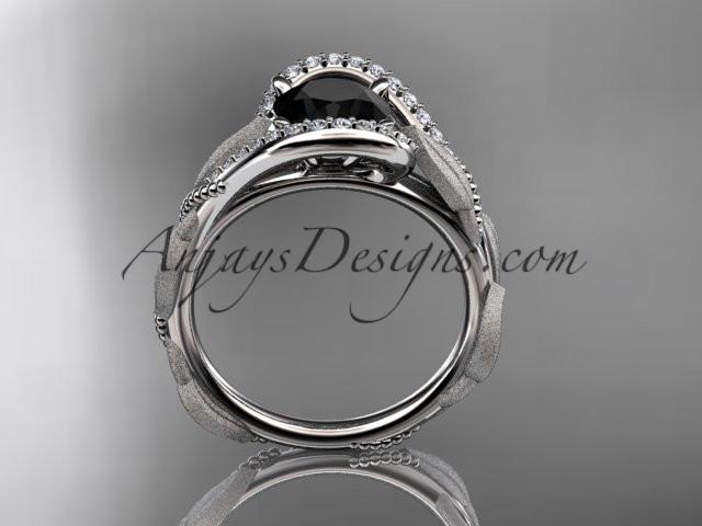 platinum diamond leaf and vine wedding ring, engagement ring with Black Diamond center stone ADLR64 - AnjaysDesigns