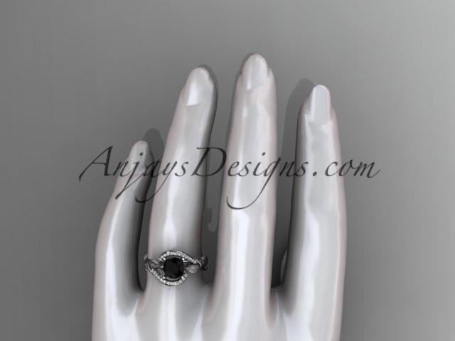 platinum diamond leaf and vine wedding ring, engagement ring with Black Diamond center stone ADLR64 - AnjaysDesigns