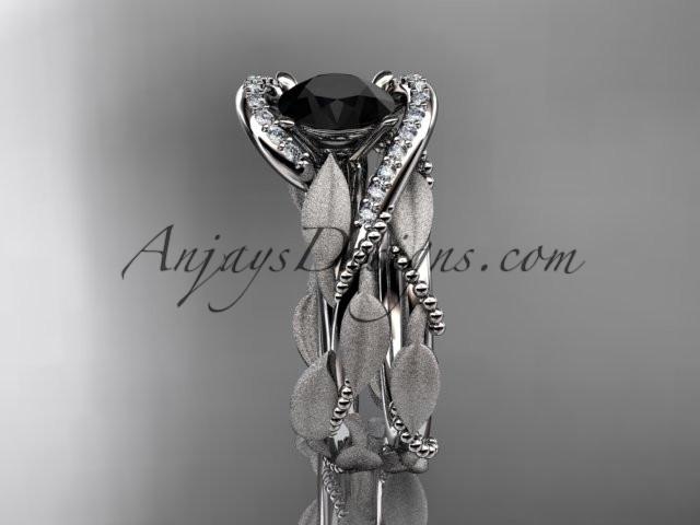 14kt white gold diamond leaf and vine wedding ring, engagement set with a Black Diamond center stone ADLR64S - AnjaysDesigns