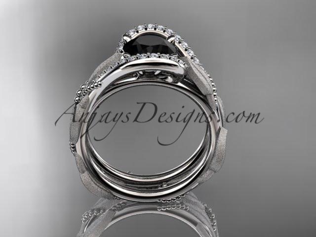 platinum diamond leaf and vine wedding ring, engagement set with a Black Diamond center stone ADLR64S - AnjaysDesigns