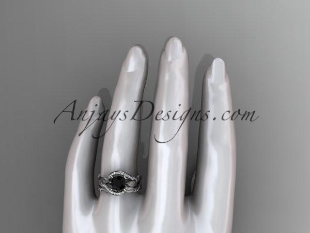 14kt white gold diamond leaf and vine wedding ring, engagement set with a Black Diamond center stone ADLR64S - AnjaysDesigns