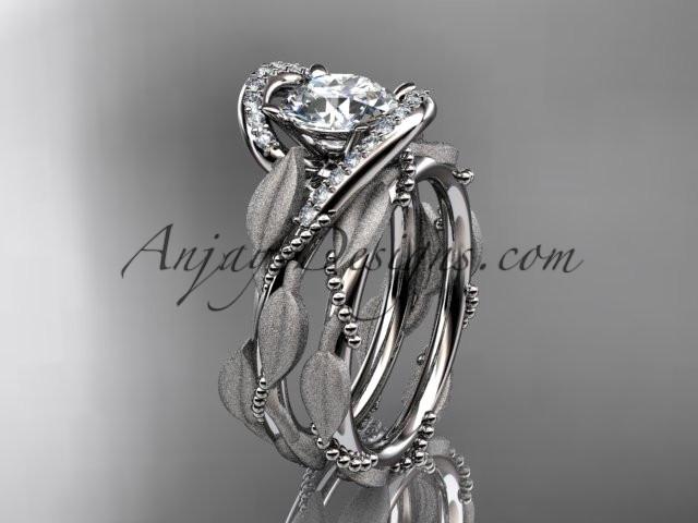 platinum diamond leaf and vine wedding ring, engagement set ADLR64S - AnjaysDesigns