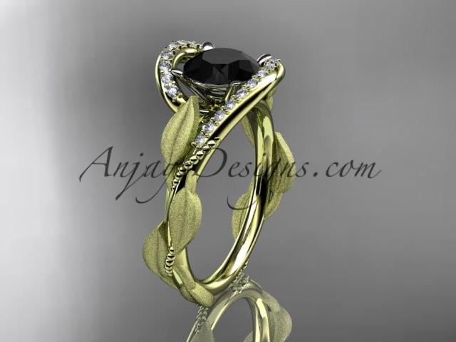14kt yellow gold diamond leaf and vine wedding ring, engagement ring with Black Diamond center stone ADLR64 - AnjaysDesigns
