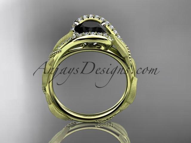 14kt yellow gold diamond leaf and vine wedding ring, engagement ring with Black Diamond center stone ADLR64 - AnjaysDesigns