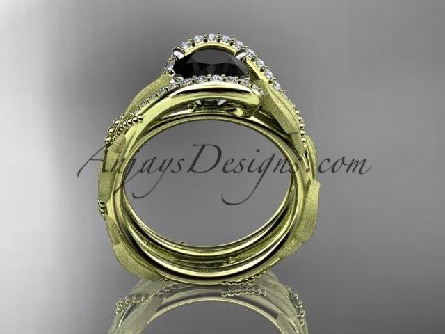 14kt yellow gold diamond leaf and vine wedding ring, engagement set with a Black Diamond center stone ADLR64S - AnjaysDesigns