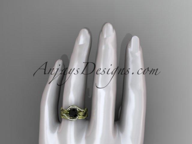 14kt yellow gold diamond leaf and vine wedding ring, engagement set with a Black Diamond center stone ADLR64S - AnjaysDesigns