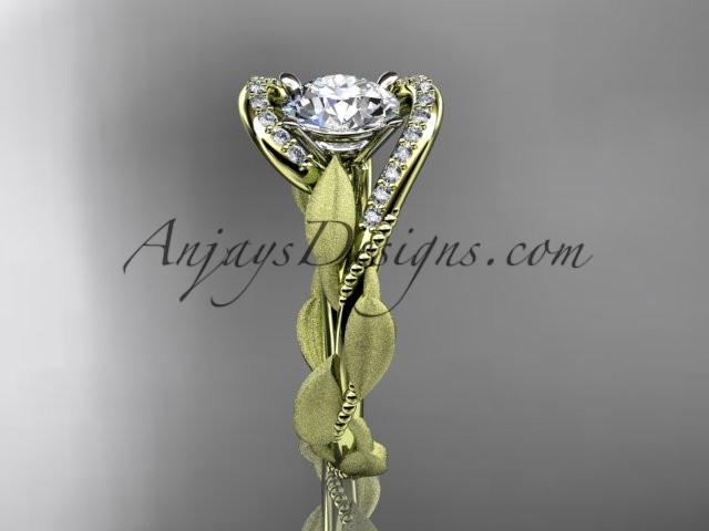 14kt yellow gold diamond leaf and vine wedding ring, engagement ring with "Forever One" Moissanite center stone ADLR64 - AnjaysDesigns