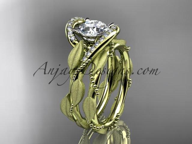 14kt yellow gold diamond leaf and vine wedding ring, engagement set with a "Forever One" Moissanite center stone ADLR64S - AnjaysDesigns