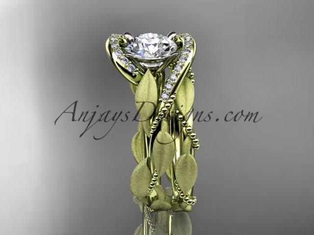 14kt yellow gold diamond leaf and vine wedding ring, engagement set with a "Forever One" Moissanite center stone ADLR64S - AnjaysDesigns