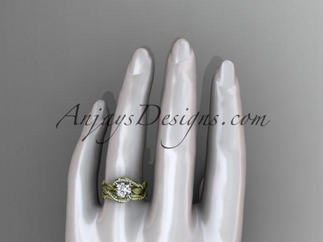 14kt yellow gold diamond leaf and vine wedding ring, engagement set with a "Forever One" Moissanite center stone ADLR64S - AnjaysDesigns