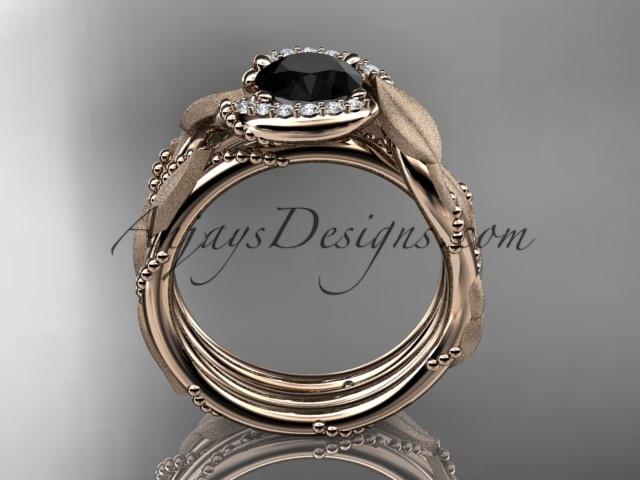 14kt rose gold diamond leaf and vine wedding ring, engagement set with a Black Diamond center stone ADLR65S - AnjaysDesigns