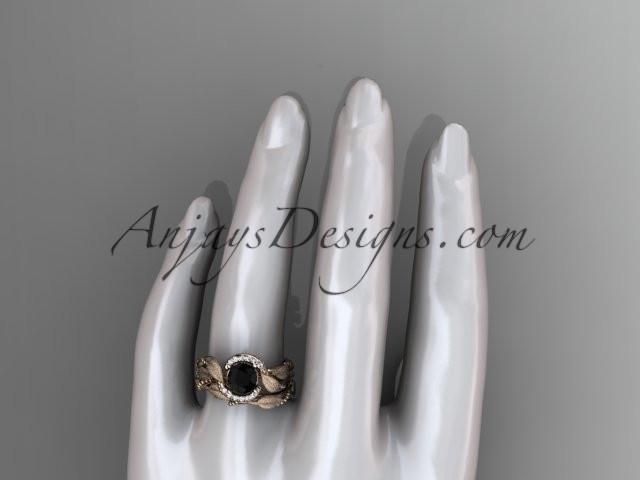 14kt rose gold diamond leaf and vine wedding ring, engagement set with a Black Diamond center stone ADLR65S - AnjaysDesigns