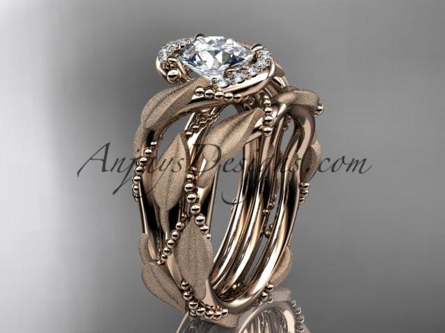 14kt rose gold diamond leaf and vine wedding ring, engagement set with a "Forever One" Moissanite center stone ADLR65S - AnjaysDesigns