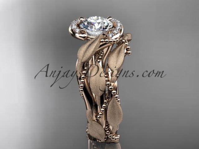 14kt rose gold diamond leaf and vine wedding ring, engagement set with a "Forever One" Moissanite center stone ADLR65S - AnjaysDesigns