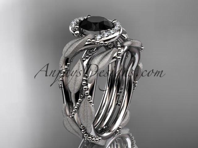 platinum diamond leaf and vine wedding ring, engagement set with a Black Diamond center stone ADLR65S - AnjaysDesigns