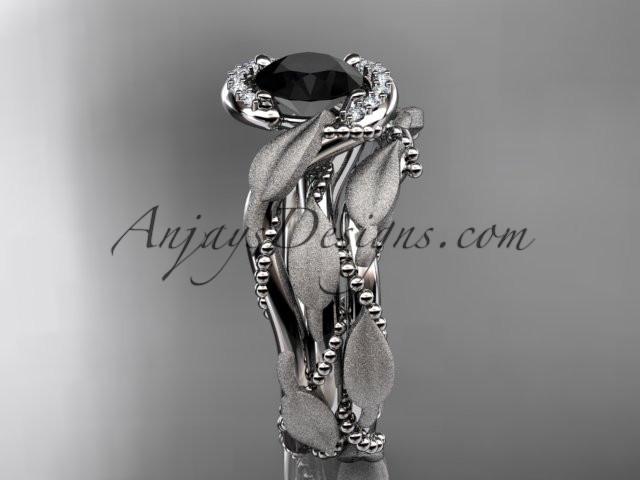 14kt white gold diamond leaf and vine wedding ring, engagement set with a Black Diamond center stone ADLR65S - AnjaysDesigns