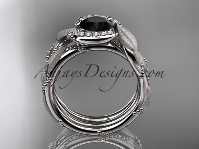 14kt white gold diamond leaf and vine wedding ring, engagement set with a Black Diamond center stone ADLR65S - AnjaysDesigns