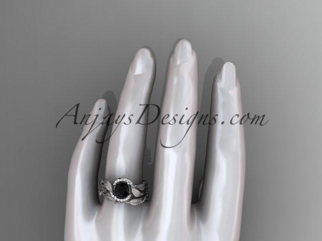 14kt white gold diamond leaf and vine wedding ring, engagement set with a Black Diamond center stone ADLR65S - AnjaysDesigns
