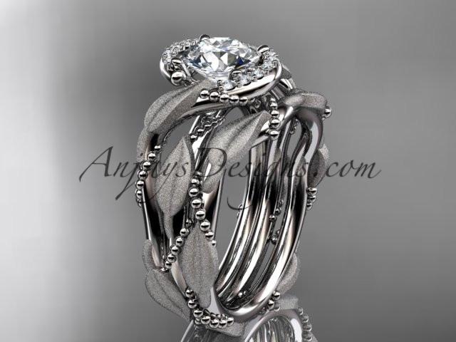 platinum diamond leaf and vine wedding ring, engagement set with a "Forever One" Moissanite center stone ADLR65S - AnjaysDesigns