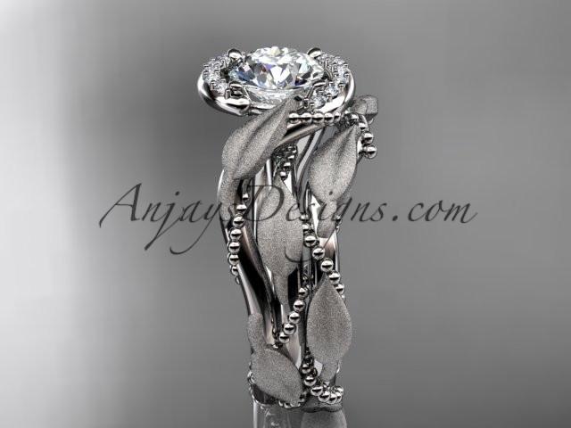 platinum diamond leaf and vine wedding ring, engagement set with a "Forever One" Moissanite center stone ADLR65S - AnjaysDesigns
