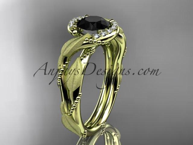14kt yellow gold diamond leaf and vine wedding ring, engagement ring with Black Diamond center stone ADLR65 - AnjaysDesigns
