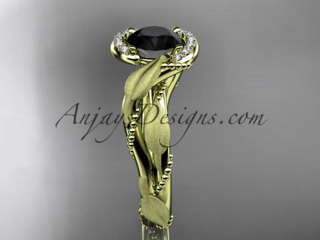 14kt yellow gold diamond leaf and vine wedding ring, engagement ring with Black Diamond center stone ADLR65 - AnjaysDesigns