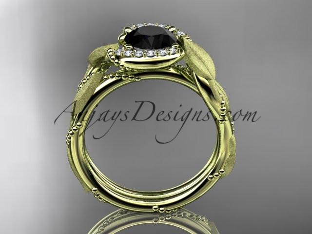 14kt yellow gold diamond leaf and vine wedding ring, engagement ring with Black Diamond center stone ADLR65 - AnjaysDesigns