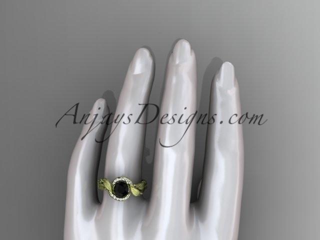14kt yellow gold diamond leaf and vine wedding ring, engagement ring with Black Diamond center stone ADLR65 - AnjaysDesigns
