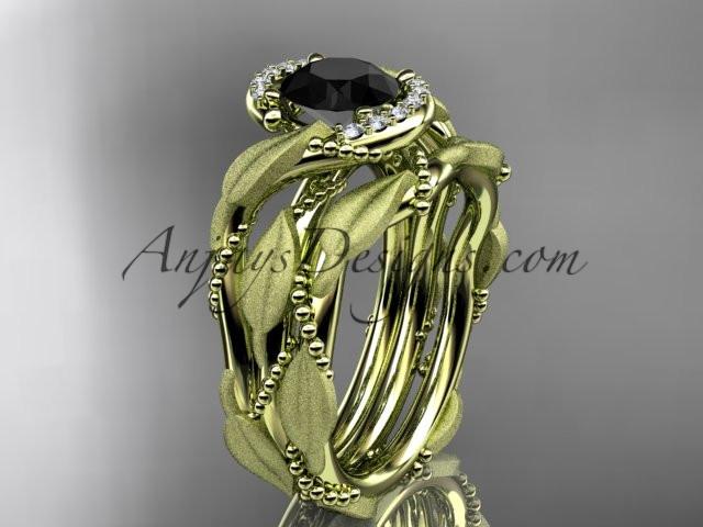 14kt yellow gold diamond leaf and vine wedding ring, engagement set with a Black Diamond center stone ADLR65S - AnjaysDesigns