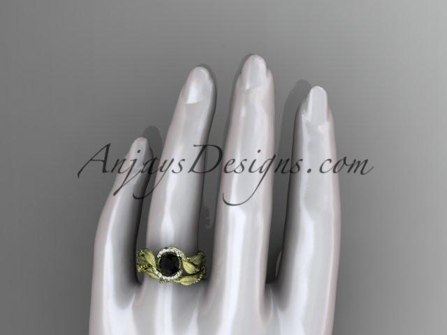 14kt yellow gold diamond leaf and vine wedding ring, engagement set with a Black Diamond center stone ADLR65S - AnjaysDesigns