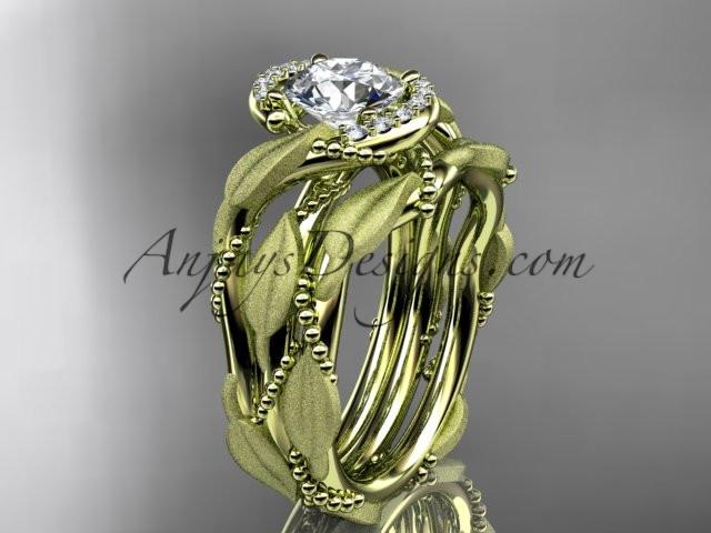 14kt yellow gold diamond leaf and vine wedding ring, engagement set with a "Forever One" Moissanite center stone ADLR65S - AnjaysDesigns